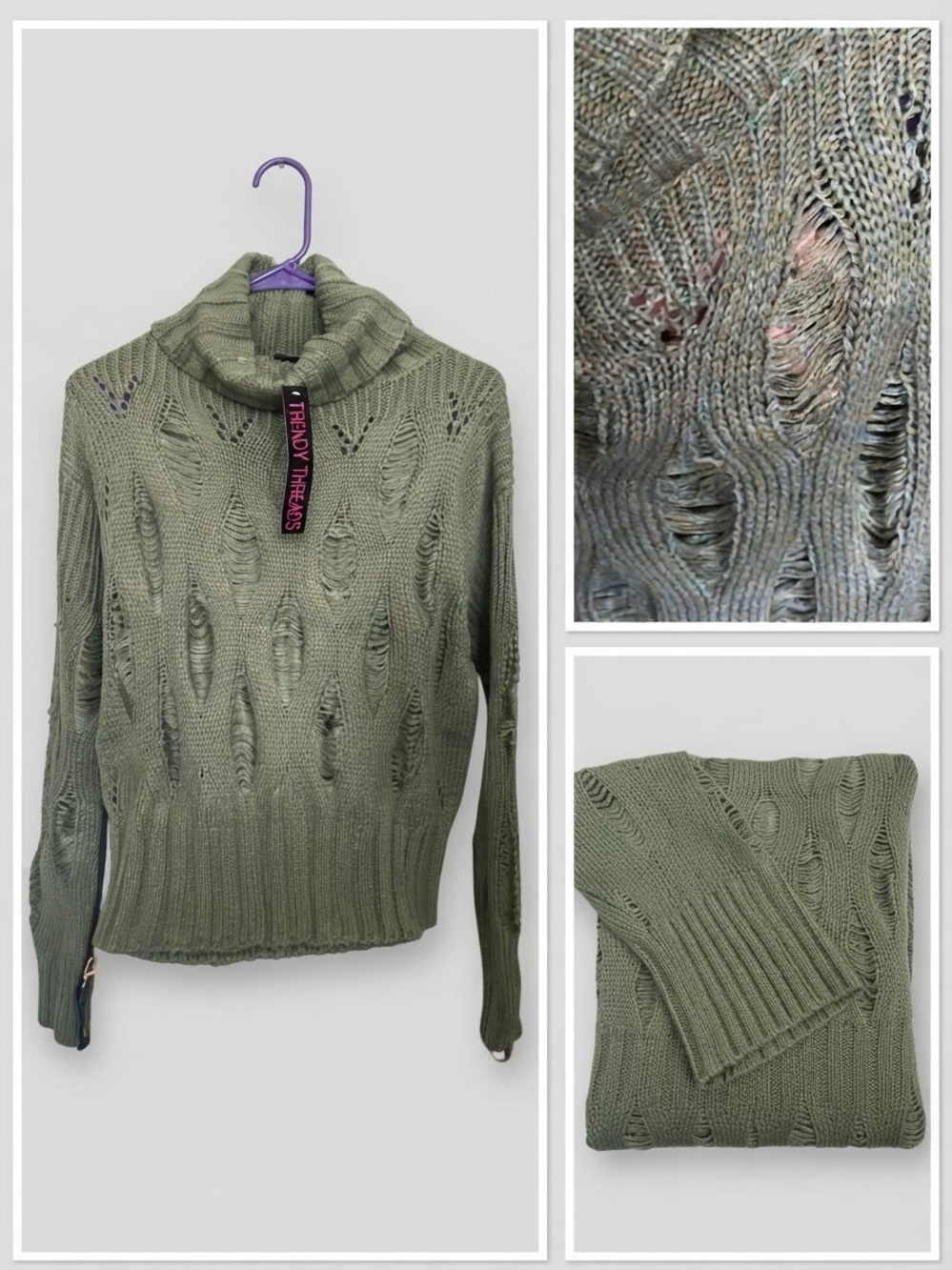 Olive Distressed Turtleneck Sweater
